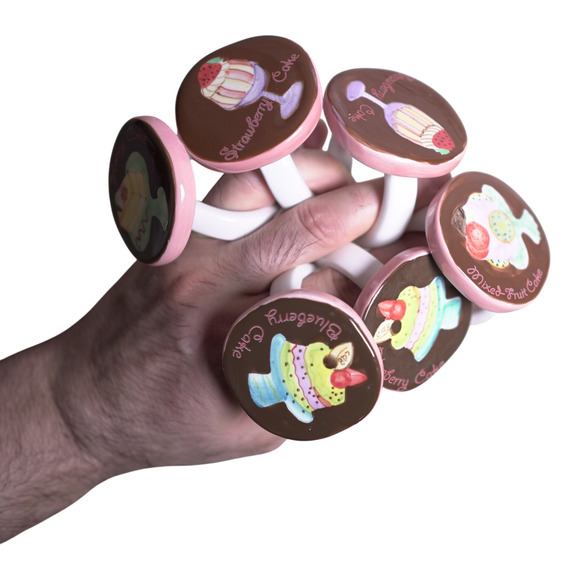 Set of 6 Vintage Ceramic Porcelain Napkin Rings Holders Pastel Dessert Design - Picture 5 of 15